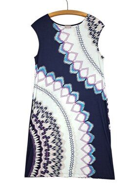 Chicos Sleeveless Sheath Dress Size M/8 Stretch Navy Blue Purple Geometric Boho